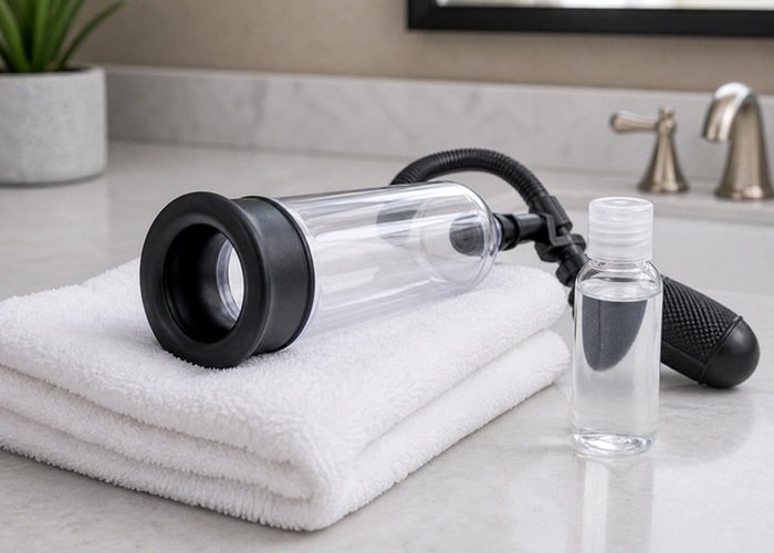 A close seal-check view of a pump cylinder on stacked towels beside lubricant for a control and setup comparison.