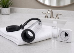 A clear cylinder penis pump resting on a folded towel beside lubricant on a bathroom counter for an air versus water comparison.