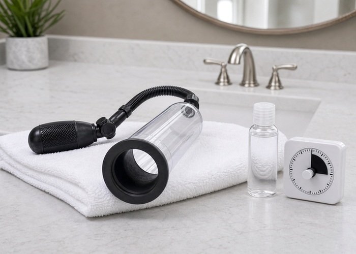 A clear cylinder penis pump resting on a folded towel beside lubricant on a bathroom counter for an air versus water comparison.