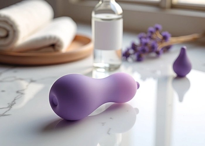 A lubricant bottle and anal toy arranged close together on a clean counter to show how cushion and bottle placement work together.
