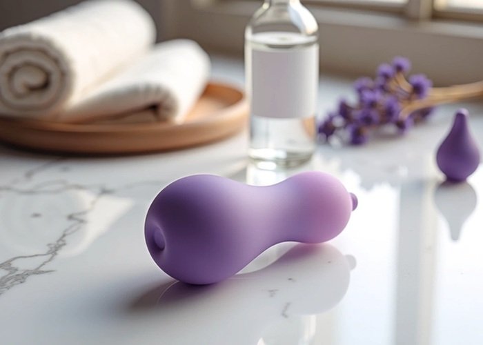 An anal toy resting near towels and lubricant on a bathroom counter to emphasize cleanup and reapplication planning.