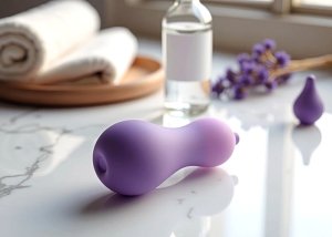 A smooth anal toy and clear lubricant bottle on a folded towel for a calm beginner warm-up routine.