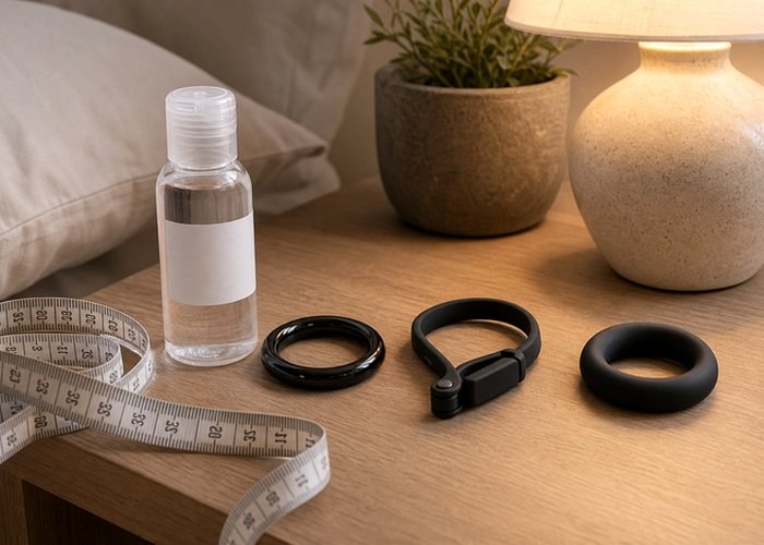 Several ring styles arranged beside a measuring tape to compare how support changes during partnered positions.
