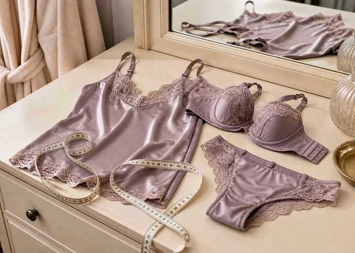 Lace and satin lingerie laid out with measuring tape to compare movement, drape, and support.