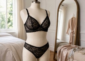 A bodysuit, babydoll, and chemise arranged on bedding for a fit and coverage comparison.