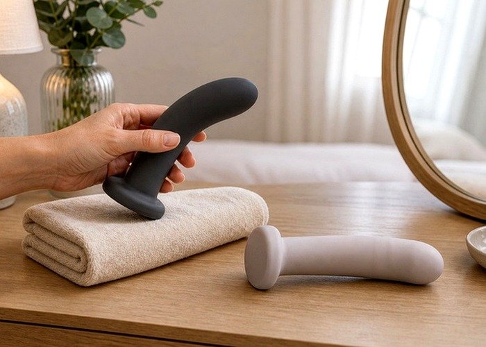 A reset-friendly bedside setup with a pouch, towel, and soft lighting arranged for aftercare and debrief planning.