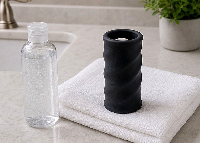 An oral-style toy insert, airflow housing, and drying towel arranged to explain residue and moisture control.