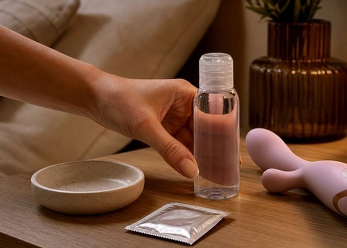 A cleaned vibrator drying on a folded towel with a pouch nearby before charging or storage.