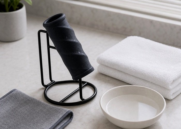 A small lube bottle, towel, and storage pouch near bedding for drying and storing shared toys.