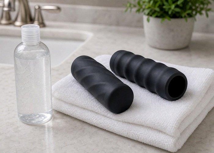 A male toy accessory and lubricant bottle on soft bedding for a simple comfort-first setup.
