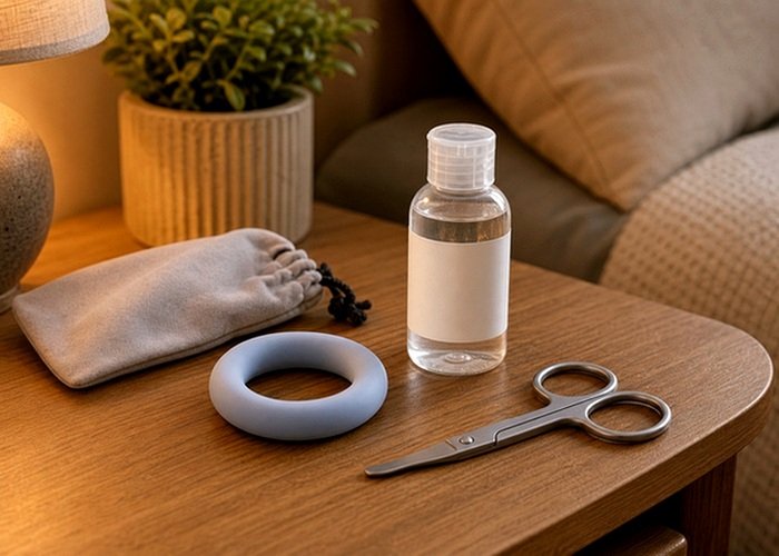 A soft ring, pouch, scissors, and lubricant arranged for a careful removal and reset plan after a fit check.
