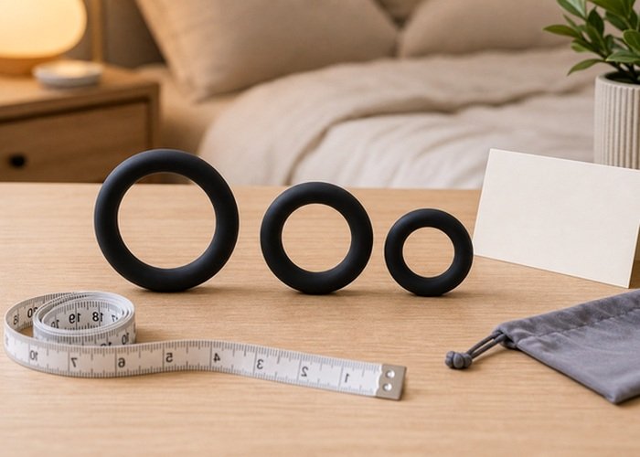 A measuring setup with ring accessories and lubricant for checking size and placement before use.
