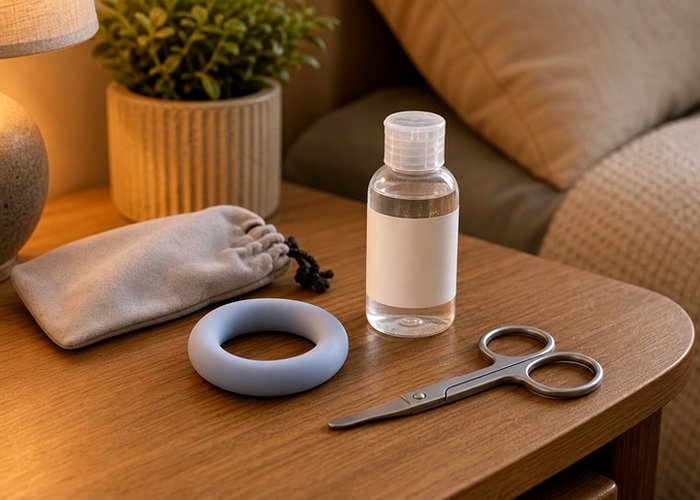 A cock ring, towel, and lubricant laid out for a calm removal and reset plan if a ring feels too tight.
