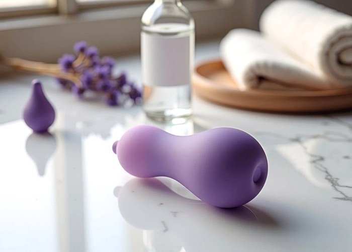 A bottle of water-based lubricant beside a silicone toy on a towel to check material compatibility before use.
