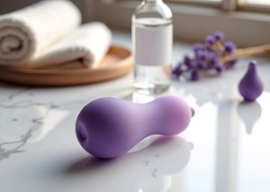 A clear lubricant bottle, condom packet, and intimate toy arranged on a bathroom counter for condom-safe lube planning.