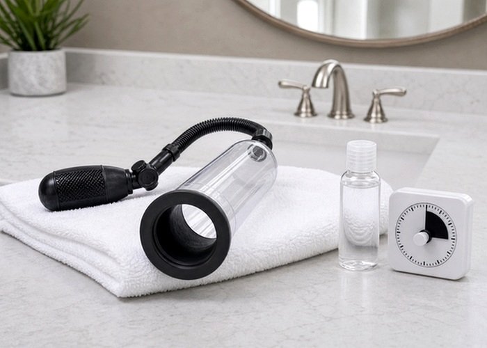 A compact toy, towel, and pouch arranged to show how a simpler setup helps couples reset angles quickly.
