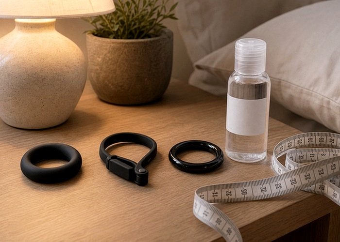 A close intimate product setup with towel and lube for checking comfort before choosing dildo shape.