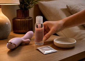 A lubricant bottle, compact vibrator, and condom packet arranged on a bedside table beside a lamp for a calm intimacy setup.