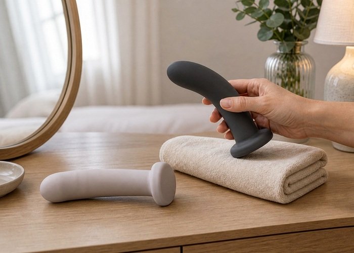 A curved dildo and a softer flexible dildo laid beside lubricant to compare bend, grip, and control.
