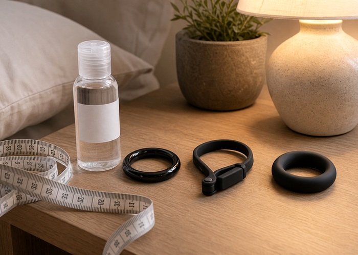 A soft male toy sleeve placed beside a towel and gentle cleaner for odor prevention.