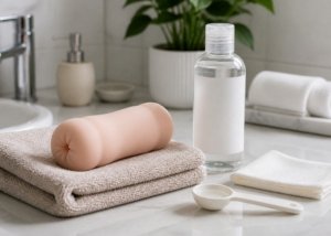 A male stroker sleeve on a clean towel with airflow space for drying after washing.