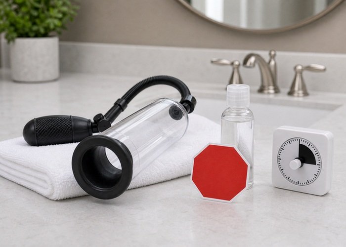 A pump setup beside a small timer and lubricant to emphasize realistic pacing instead of hype-driven overuse.