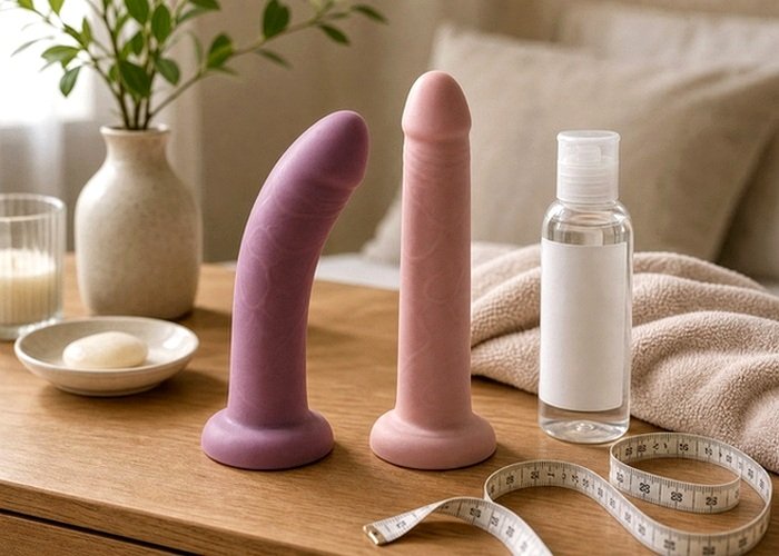 A small anal toy with a clear flared base arranged on a folded towel with lubricant for a first-time checklist.