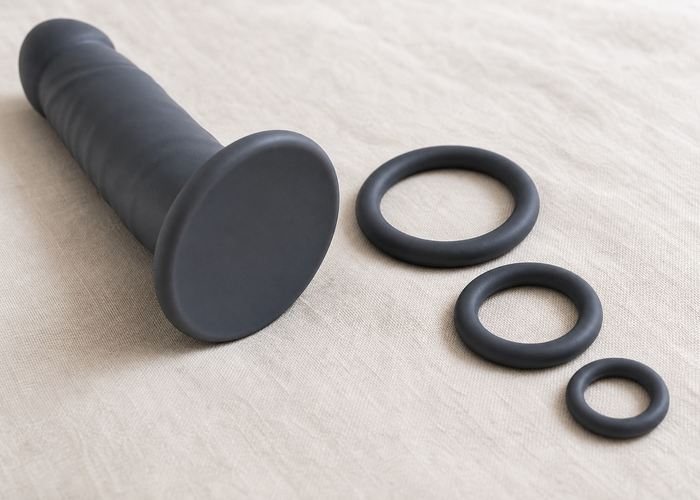 A silicone dildo base resting against a set of different O-rings to compare flange width and fit.