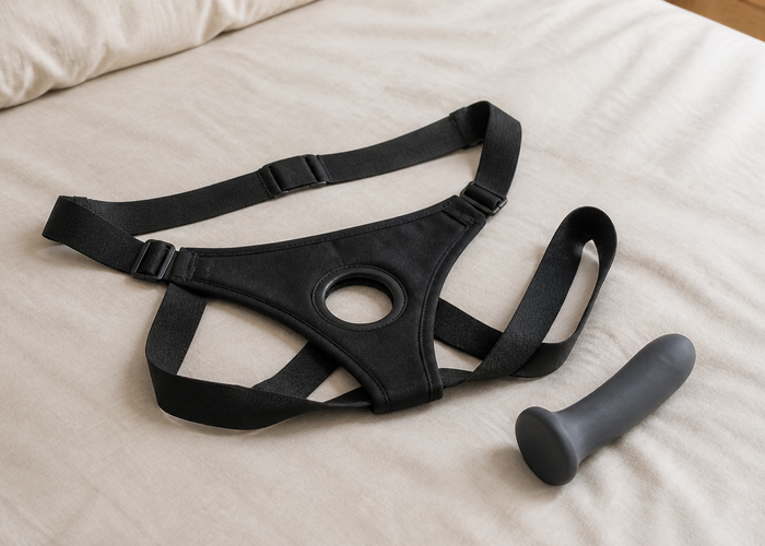 A silicone dildo attached to a fabric harness laid flat to show shaft angle and weight balance.