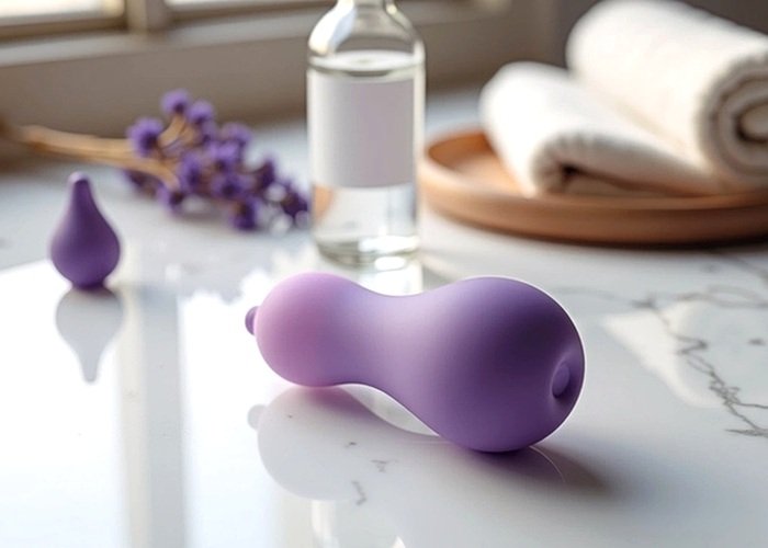 A water-based lubricant bottle beside a toy and white towel to plan easy bedroom cleanup.