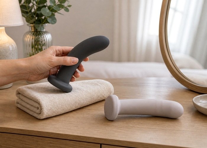 A clean intimate toy drying on a towel after a relaxed couples toy session.