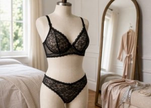 A black lace lingerie set on a dress form with measuring tape for checking long-wear comfort.