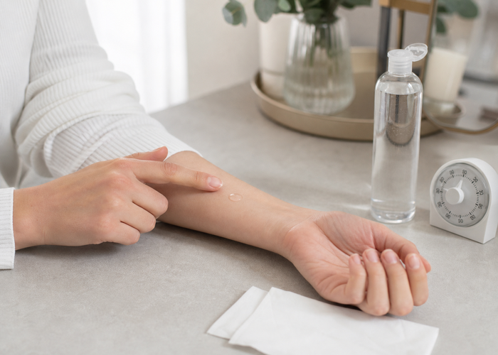 A small lubricant patch test on forearm skin beside a clear bottle and timer for texture comparison.