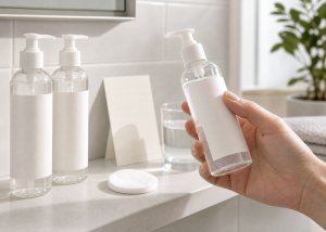 Three clear lubricant bottles arranged on a soft bedroom surface for comparison.