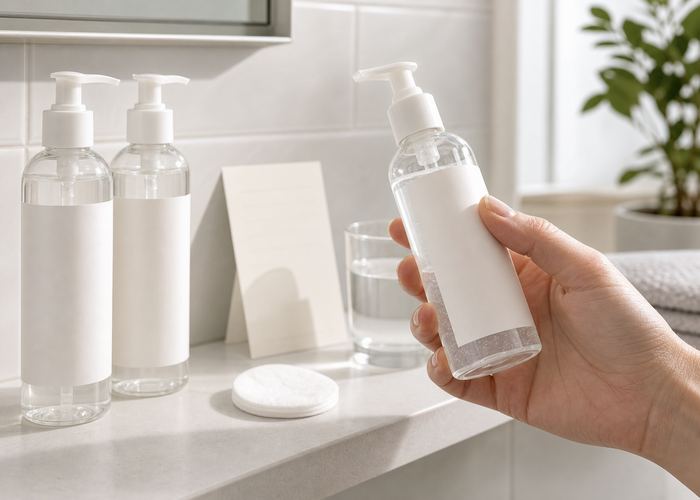 Unbranded personal lubricant bottles arranged on a bathroom shelf for label checking.
