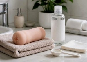A male masturbator sleeve, lubricant bottle, and towel arranged for a comfort troubleshooting guide.