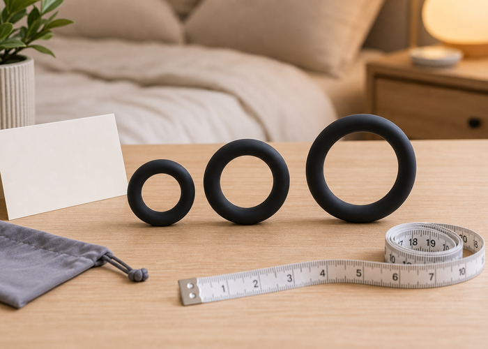 Three ring accessories and a small lubricant bottle arranged on a bedside table for partner-friendly morning comfort.