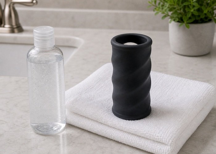 An oral-style toy sleeve and vented case arranged on bedding to compare suction feel and easier entry control.