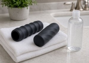 Two oral-style sleeve setups arranged with lubricant and a towel to compare open-end and closed-end airflow and support.