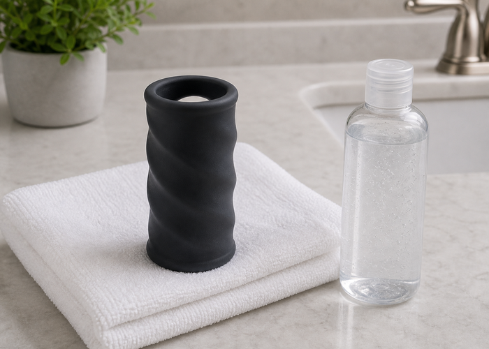 An open-ended soft sleeve toy held beside a folded towel and lubricant to show the far-end opening and airflow path.