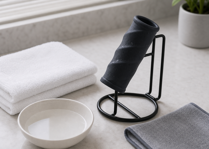A soft sleeve toy drying on a rack beside a towel, bowl, and cleaning cloth after rinsing.