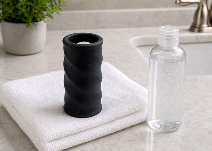 A sleeve product and cleaning supplies arranged on a bed to explain airflow, retention, and comfort tradeoffs.