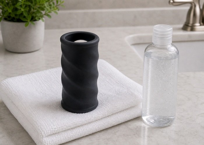 An open-ended soft sleeve toy held beside a folded towel and lubricant to show the opening seal and airflow path.