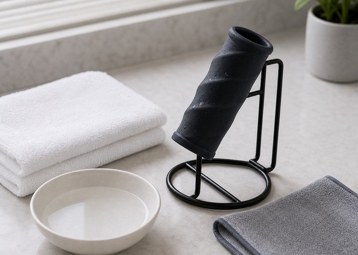 A soft sleeve toy drying on a rack beside a towel, bowl, and cleaning cloth to reinforce airflow and residue checks.