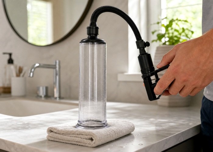 A penis pump being checked on a folded towel to compare seal position and gauge visibility during setup.