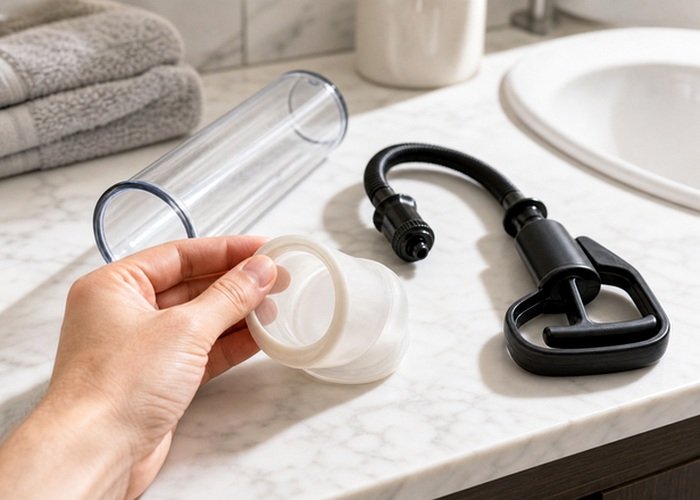 A penis pump cylinder and gauge setup arranged on a towel for a pressure-readability guide.