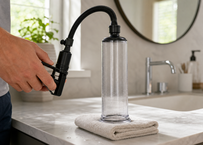 An assembled penis pump cylinder being tested against a folded towel to check the seal.