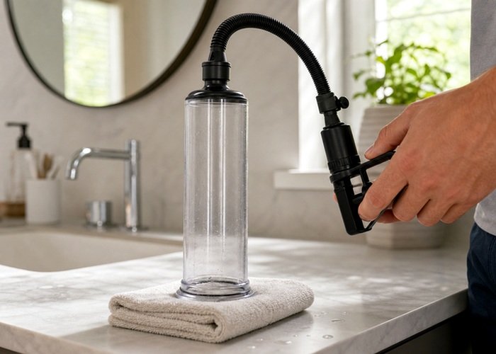 A pump cylinder and soft towel placed on a clean surface for post-session cleanup.