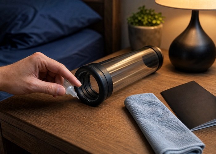 A male wellness toy setup with lubricant and folded towel for checking marks and sensation.