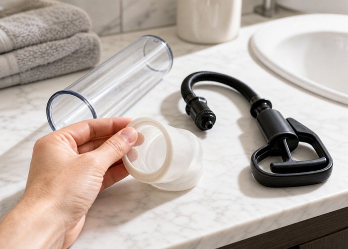 A penis pump accessory, towel, and lubricant arranged for aftercare and comfort checks.